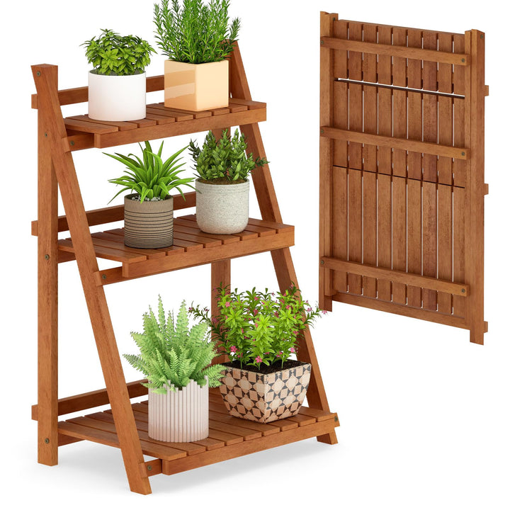 Giantex Foldable Ladder Plant Shelf 3-Tier Solid Wood Indoor Outdoor Flower Pot Display Rack