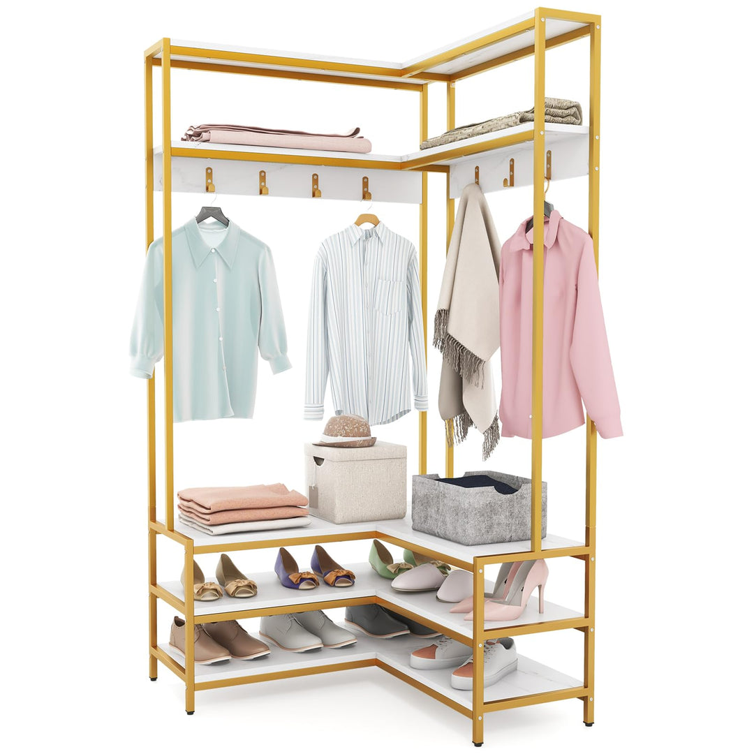 Giantex Corner Coat Rack with Shoe Bench, L-shaped Garment Rack with 5 Shelves & 7 Hooks White & Gold Giantex Corner Coat Rack with Shoe Bench, L-shaped Garment Rack with 5 Shelves & 7 Hooks White & Gold