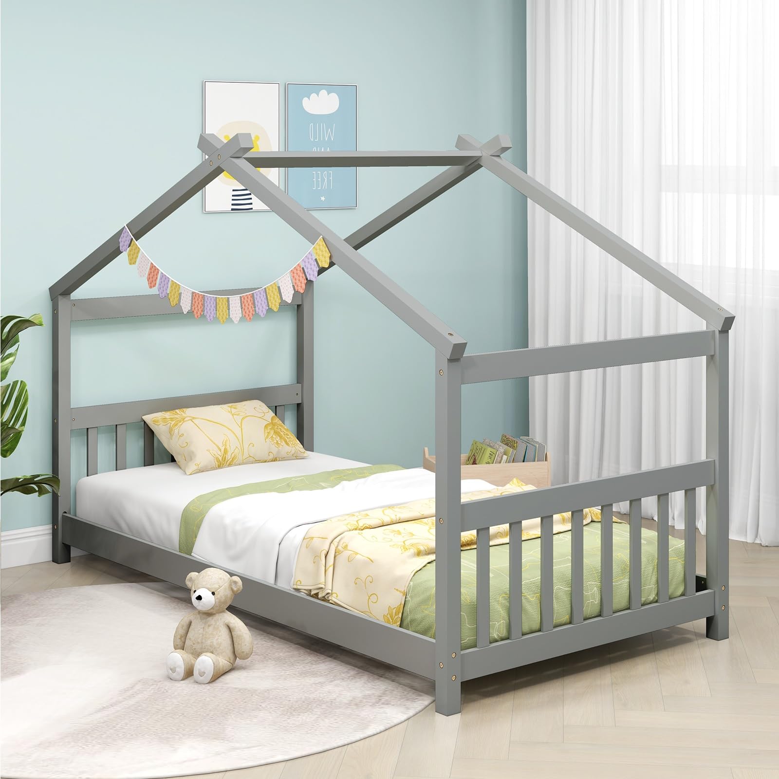 Giantex House Bed Twin, Solid Wood Kids House Bed with Roof