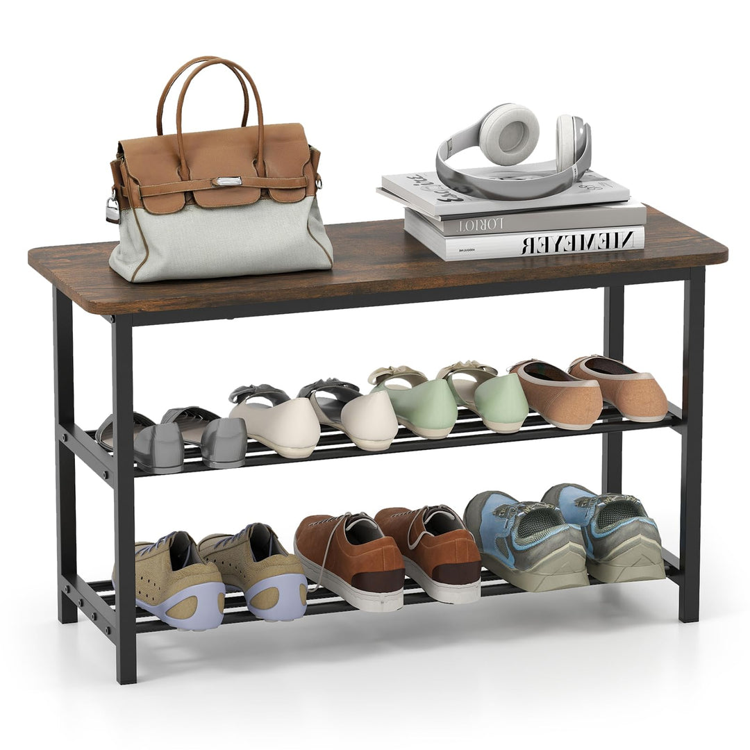 Giantex 3-Tier Shoe Bench 32" L Shoe Organizer Storage Bench with Metal Slat Shelves & Seat
