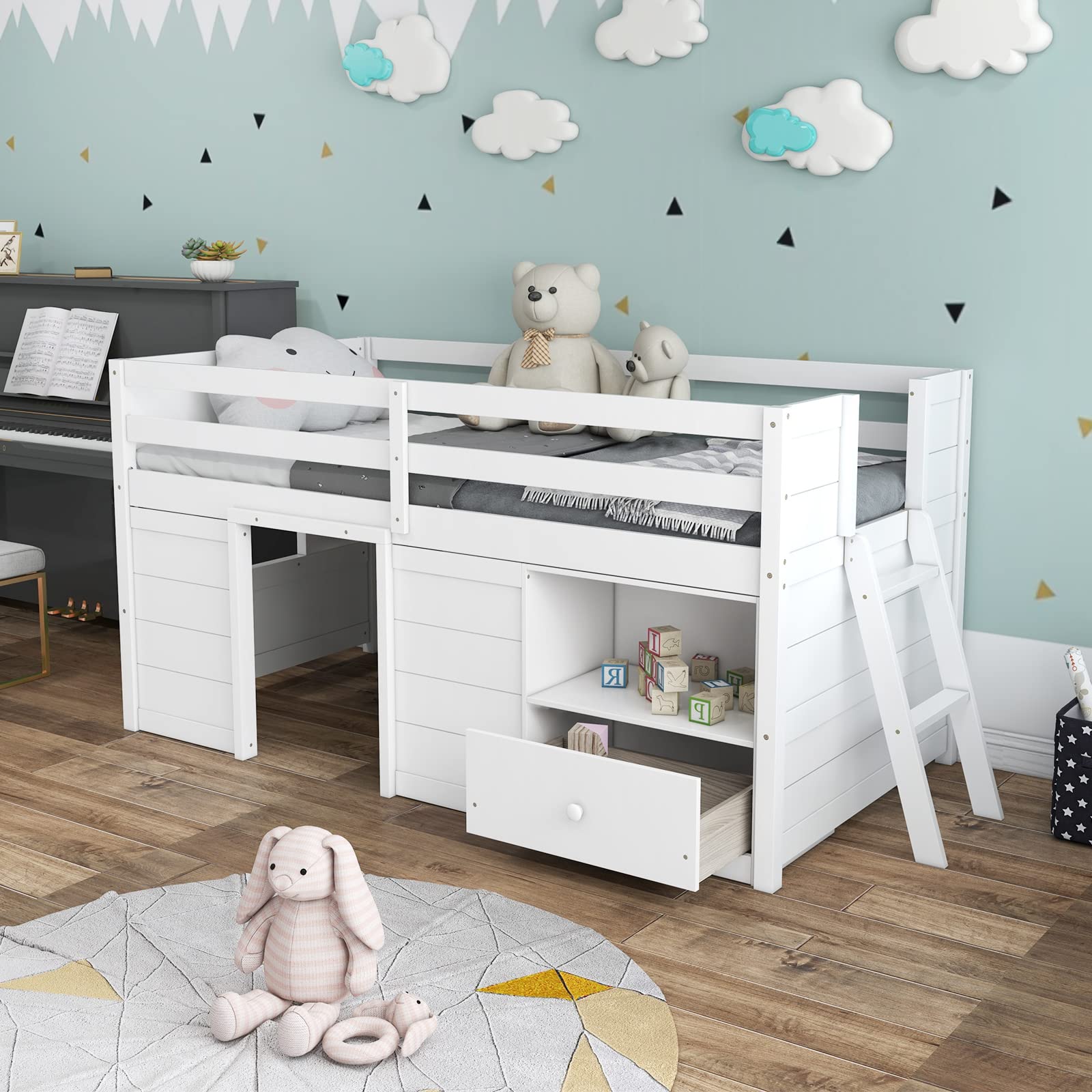Giantex Twin Low Loft Bed with Storage, Solid Wood House Loft Bed with Drawer & Activity Center, White