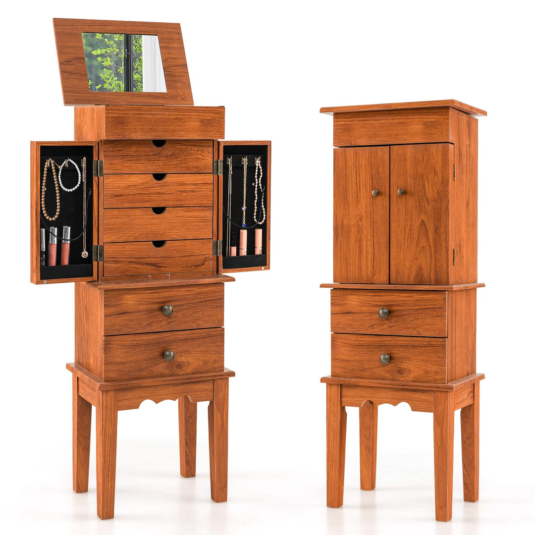 CHARMAID Jewelry Cabinet with 6 Drawers, Standing Jewelry Armoire with Flip Top Mirror, 2 Side Doors with 6 Necklace Hooks