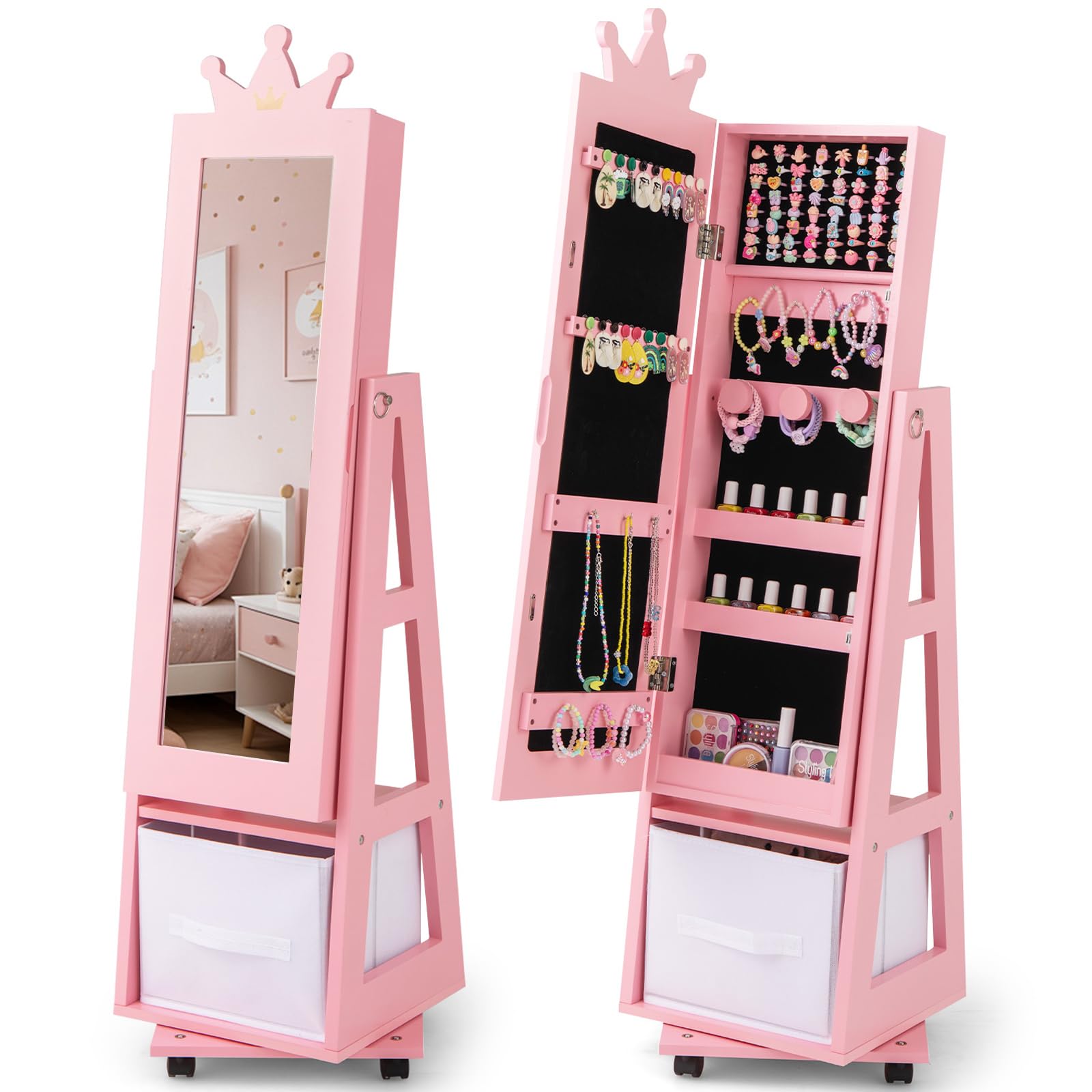 CHARMAID 360° Swivel Kids Jewelry Cabinet, 48" Standing Jewelry Organizer with Full Length Mirror, Storage Drawer