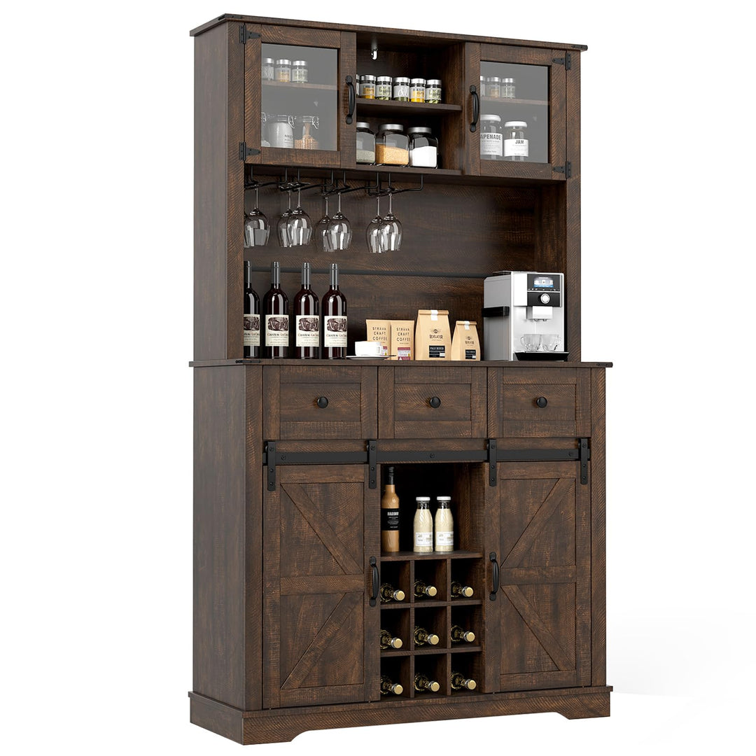Giantex 72" Farmhouse Coffee Bar Cabinet w/Glass Doors &amp; Wine Racks