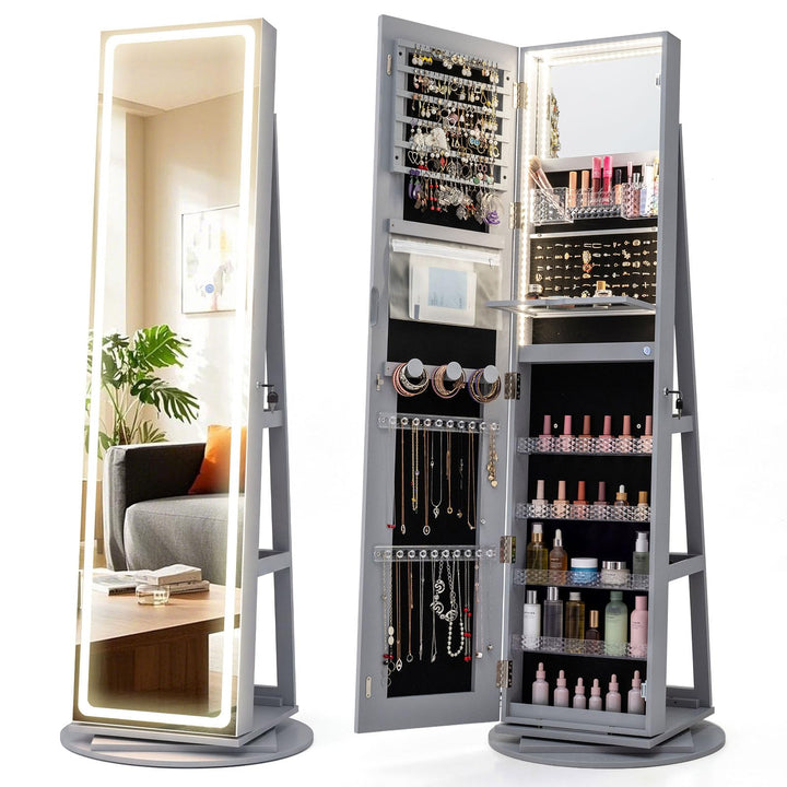 CHARMAID LED Mirror Jewelry Cabinet Armoire 360° Swivel, 63" H 3-Color Lighted Full Length Mirror