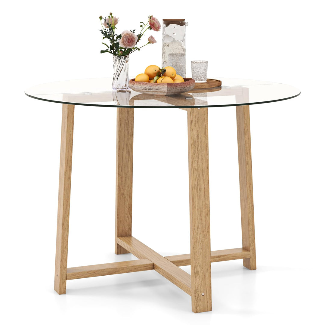 Giantex 42” Round Dining Table for 4, Kitchen Table with 0.3” Tempered Glass Tabletop, Rubber Wood Legs