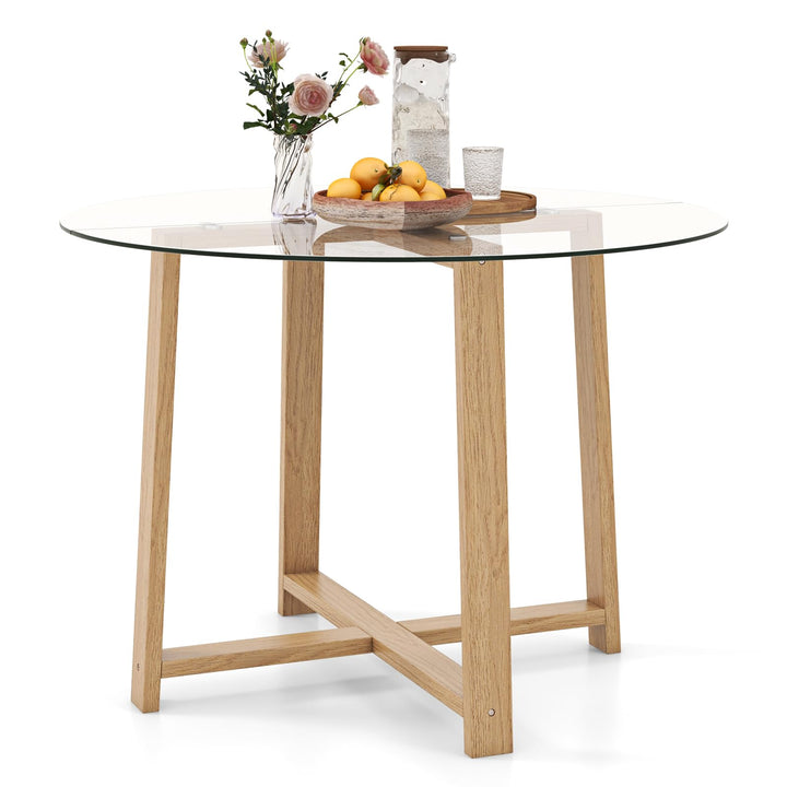 Giantex 42” Round Dining Table for 4, Kitchen Table with 0.3” Tempered Glass Tabletop, Rubber Wood Legs