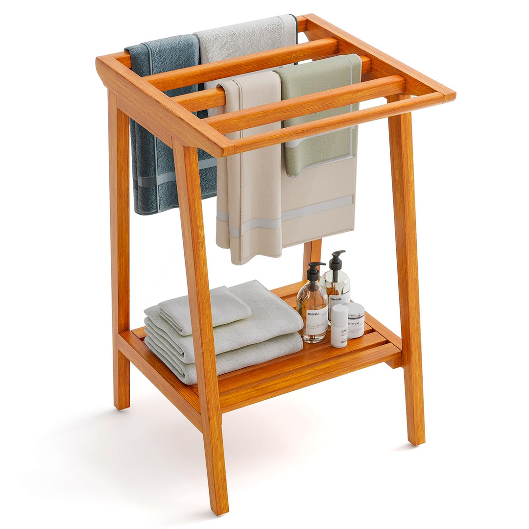 Giantex Teak Towel Rack for Bathroom, 5 Bars Freestanding Towel Racks with Storage Shelf, 19.5" L x 19.5" W x 31.5" H