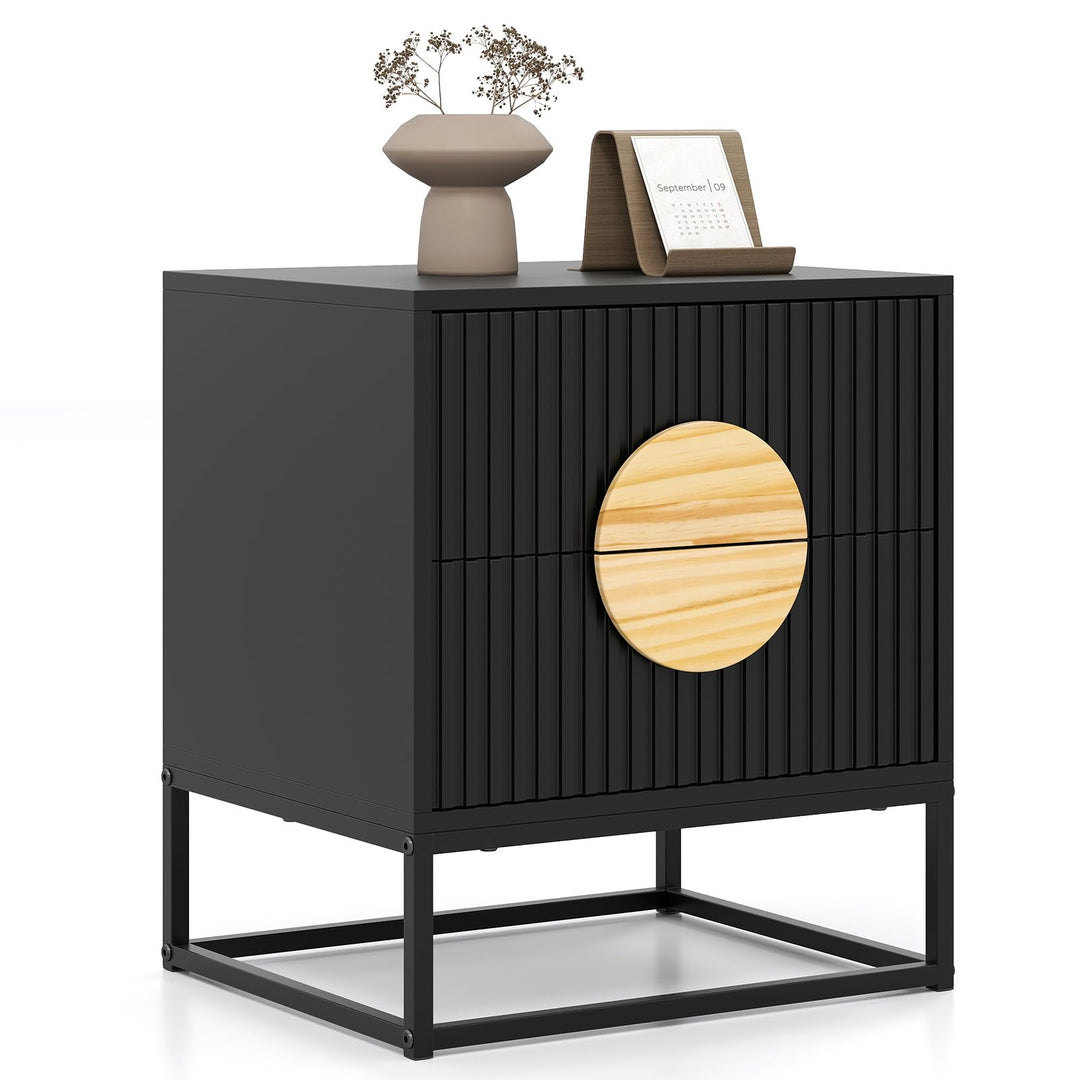 Giantex Fluted Nightstand with 2 Drawers with Natural Circle Handle & Metal Frame