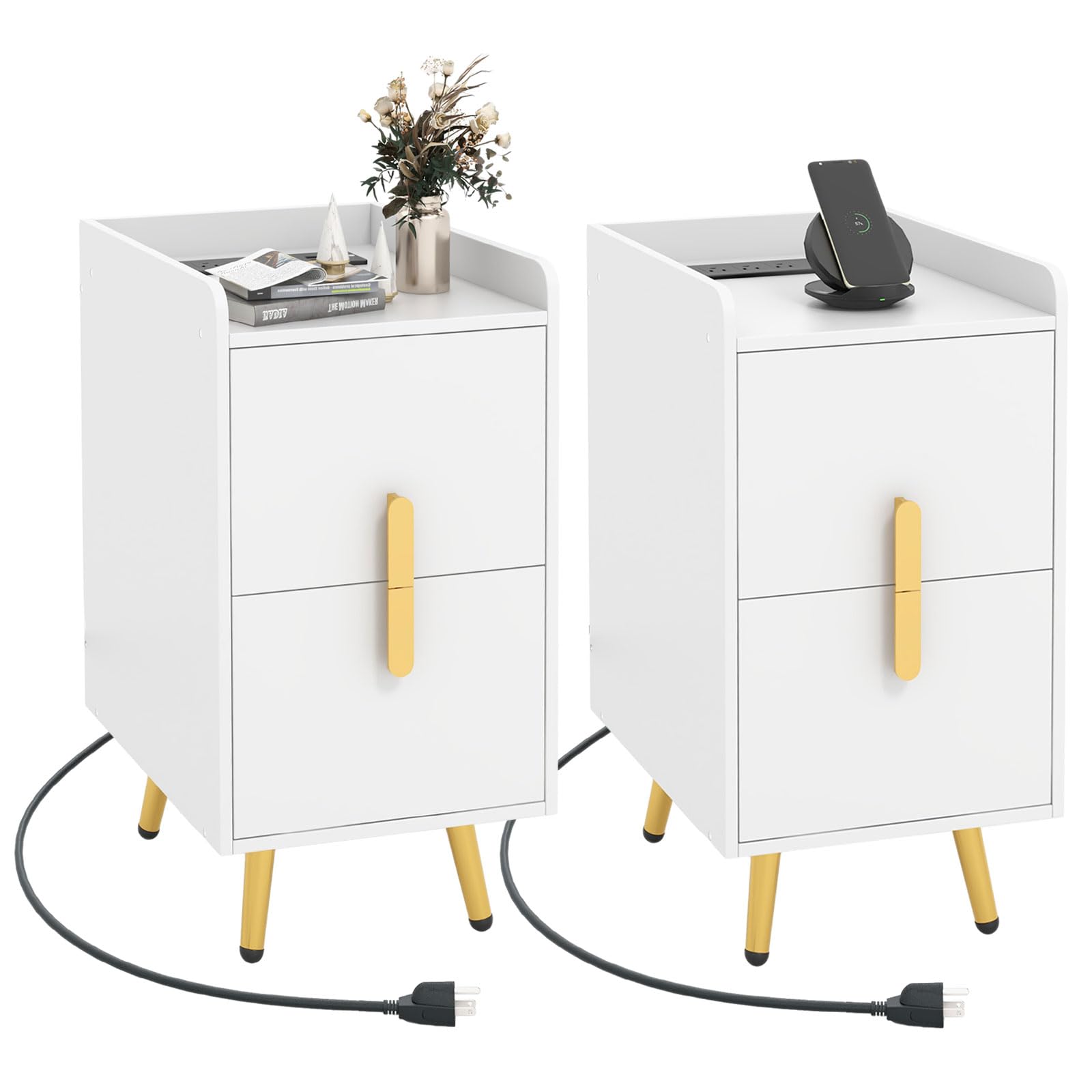 Giantex Nightstand with Charging Station, Narrow End Table with 2 Drawers & Metal Gold Legs