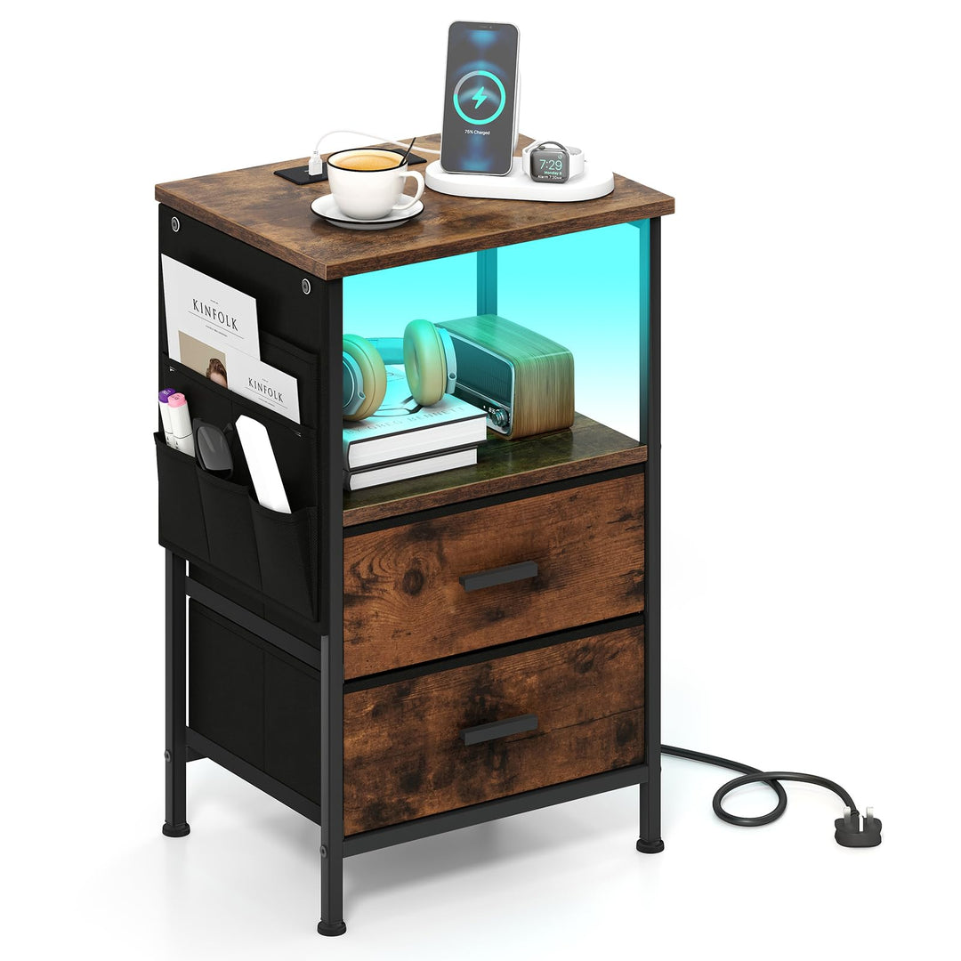 Giantex Night Stand with Charging Station | LED Sofa End Table w/2 Folding Fabric Drawers