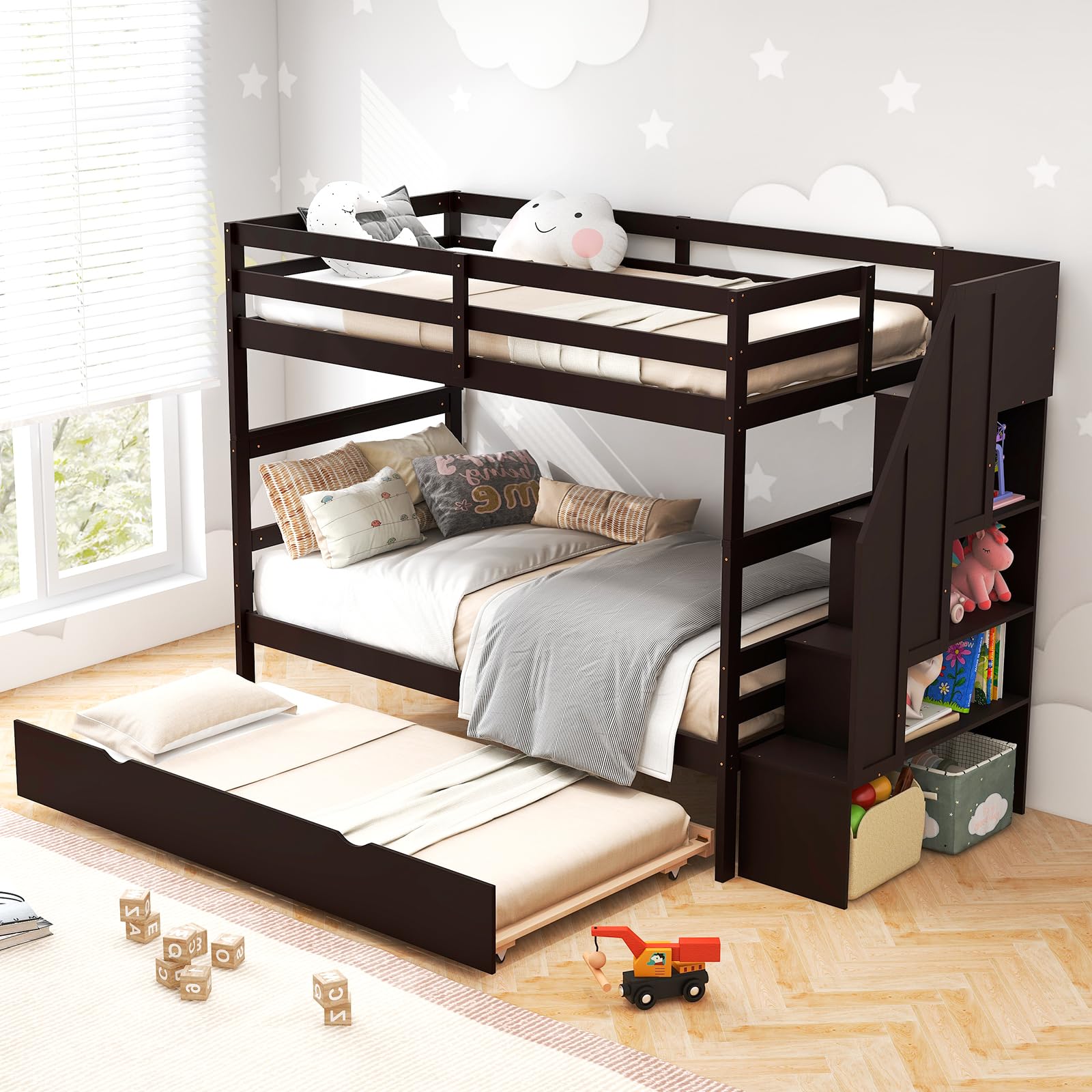 Giantex Twin Over Twin Bunk Bed with Trundle and Storage Stairs, Solid Wood Bunk Bed Convertible 3 Bed Frames for Bedroom