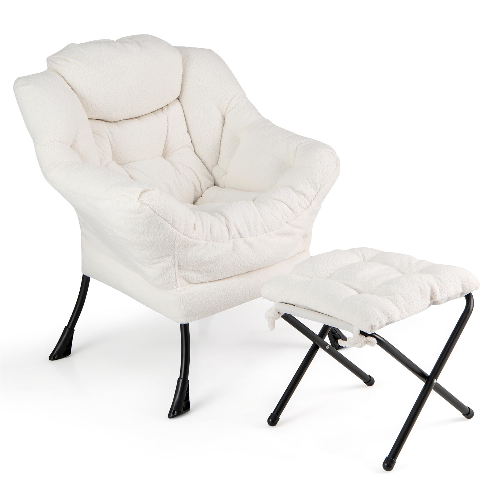 Giantex Set of 1/2 Lazy Chair with Folding Ottoman, Modern Sherpa Accent Chair w/Armrests & Pocket