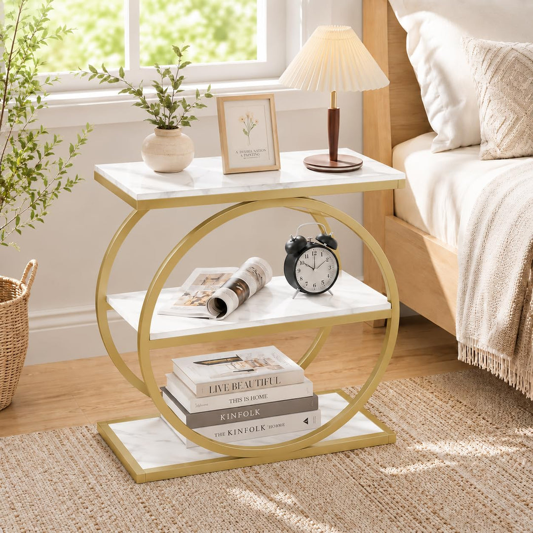 GIANTEX 3-Tier Faux Marble Narrow End Table with Storage &amp; Gold Geometric Metal Frame (1/2)