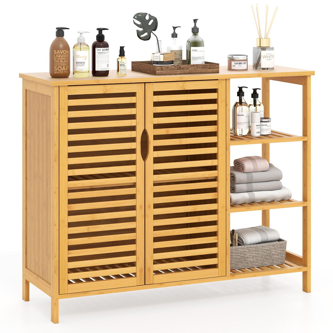 Giantex Bamboo Bathroom Storage Cabinet 2-Door Storage Organizer with Shelves