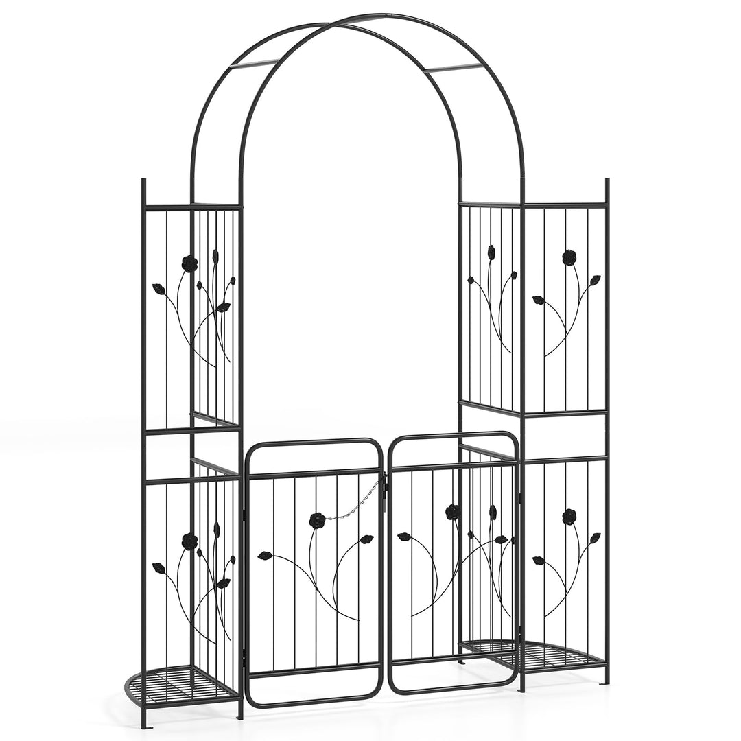 Giantex 87'' Metal Garden Arbor with Lockable Gate and Planter Shelves