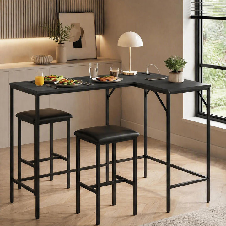3-Piece Convertible L-Shaped Kitchen Table Chair Set with 2 AC Outlets  USB Port and Type-C Port