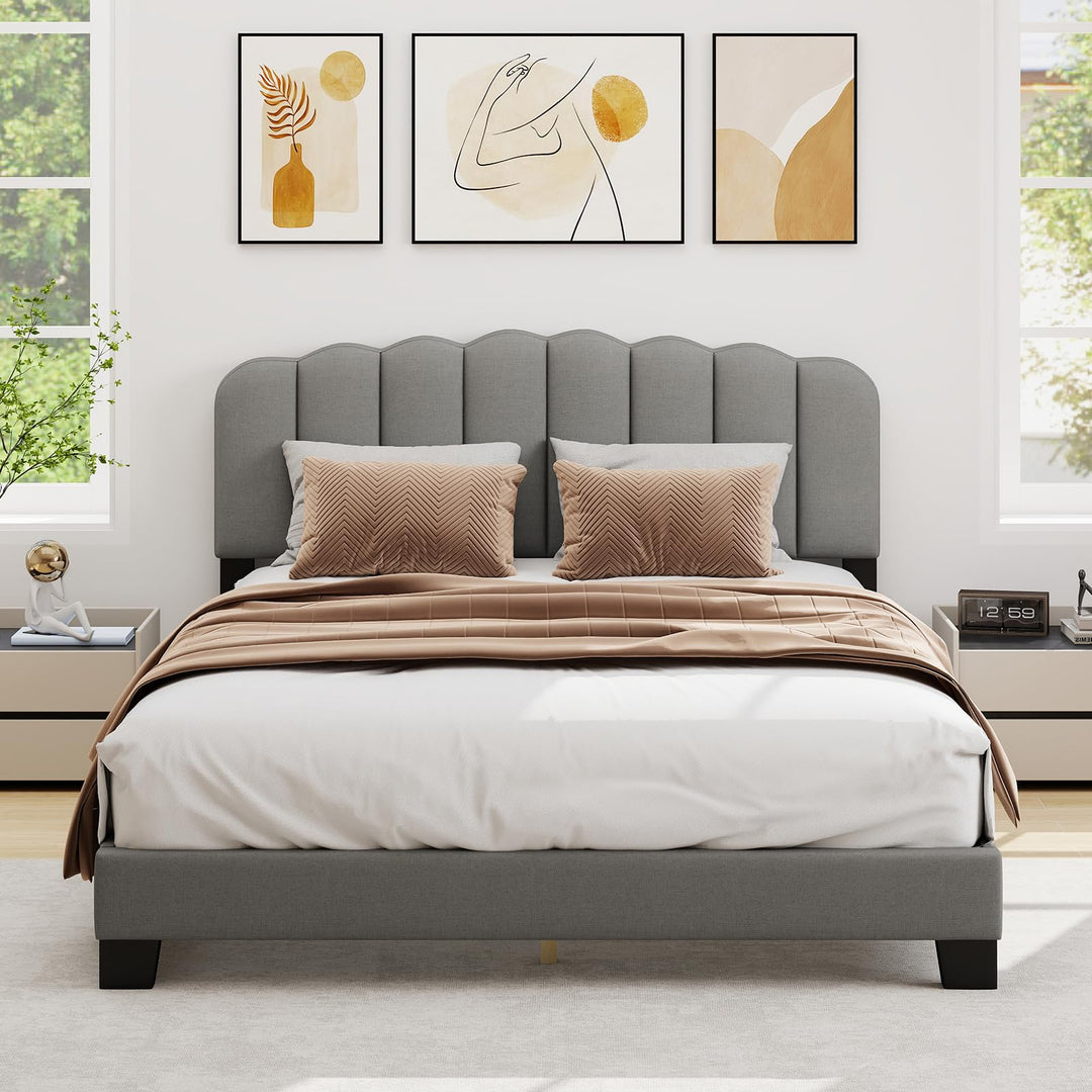 Giantex Queen Bed Frame Linen Upholstered Platform Bed with Adjustable Scalloped Tufted Headboard
