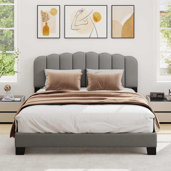 Giantex Queen Bed Frame Linen Upholstered Platform Bed with Adjustable Scalloped Tufted Headboard