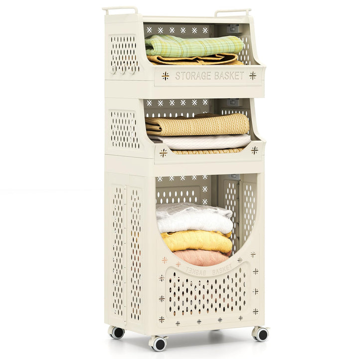 Giantex 4-Tier Rolling Laundry Cart with Wheels Folding Laundry Basket with 3 Baskets