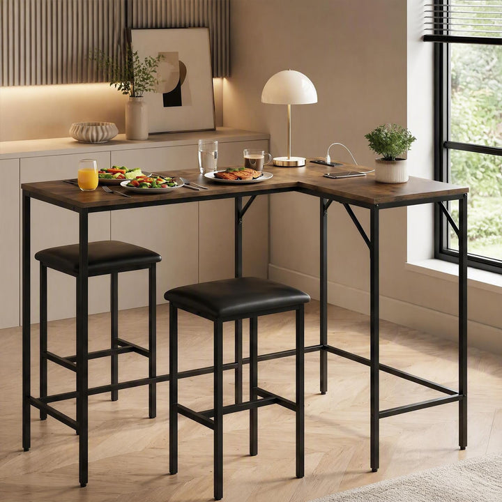 3-Piece Convertible L-Shaped Kitchen Table Chair Set with 2 AC Outlets  USB Port and Type-C Port