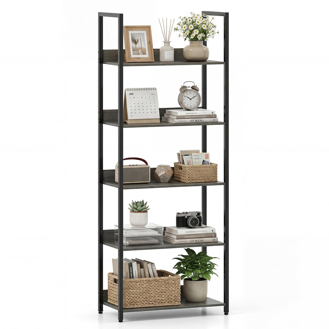 Giantex 5-Tier Tall Wooden Open Bookcase with Back Panels &amp; Metal Frame (1/2)