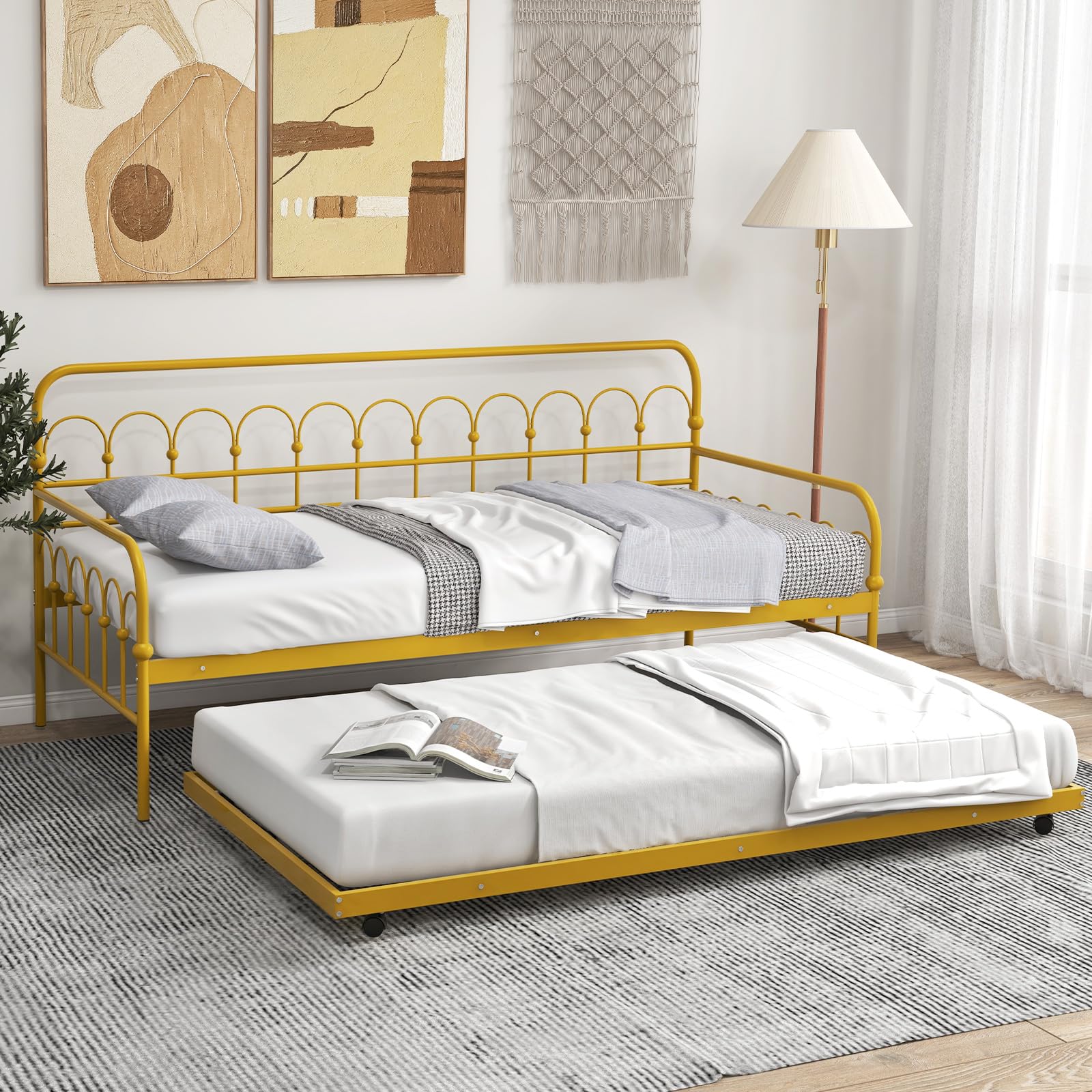 Giantex Twin Daybed with Trundle Gold, Metal Day Bed with Convenient Pull-Out Trundle Bed