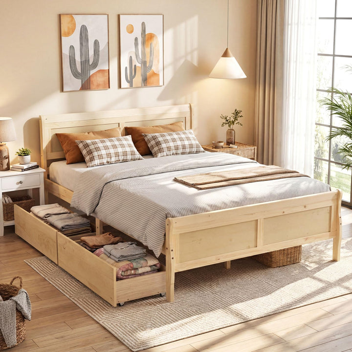 Giantex Twin/ Full/ Queen Bed with 2 Storage Drawers Wood Platform Bed with Headboard &amp; Footboard