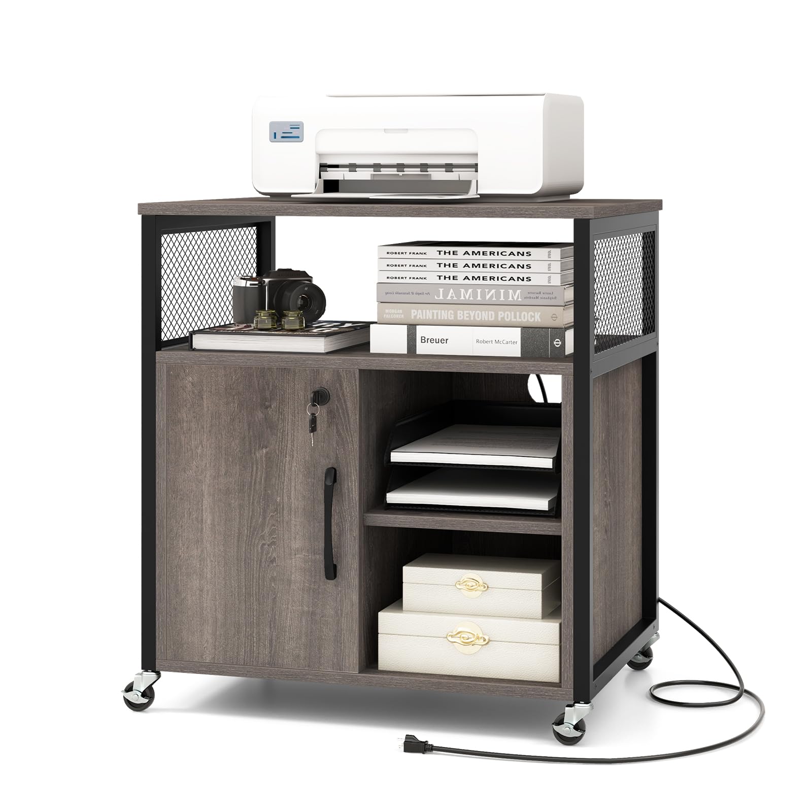 Giantex File Cabinet, Lateral Filing Cabinet with Lock, Wheels, Charging Station, Cable Hole, Lockable Side Cabinet