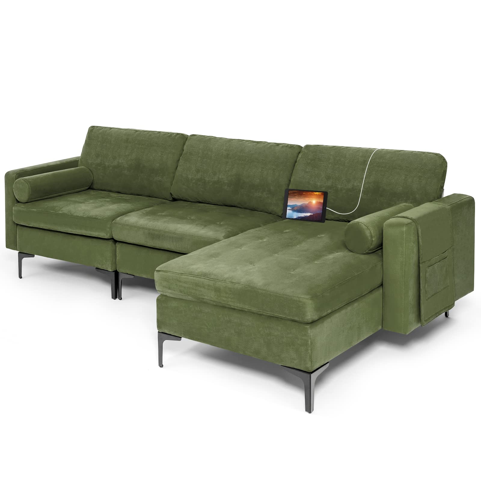 Giantex 97" Large Couch, 3 Seat Sectional Sofa Set, L-Shaped Modular Sleeper with Chaise Lounge & USB Port & Socket