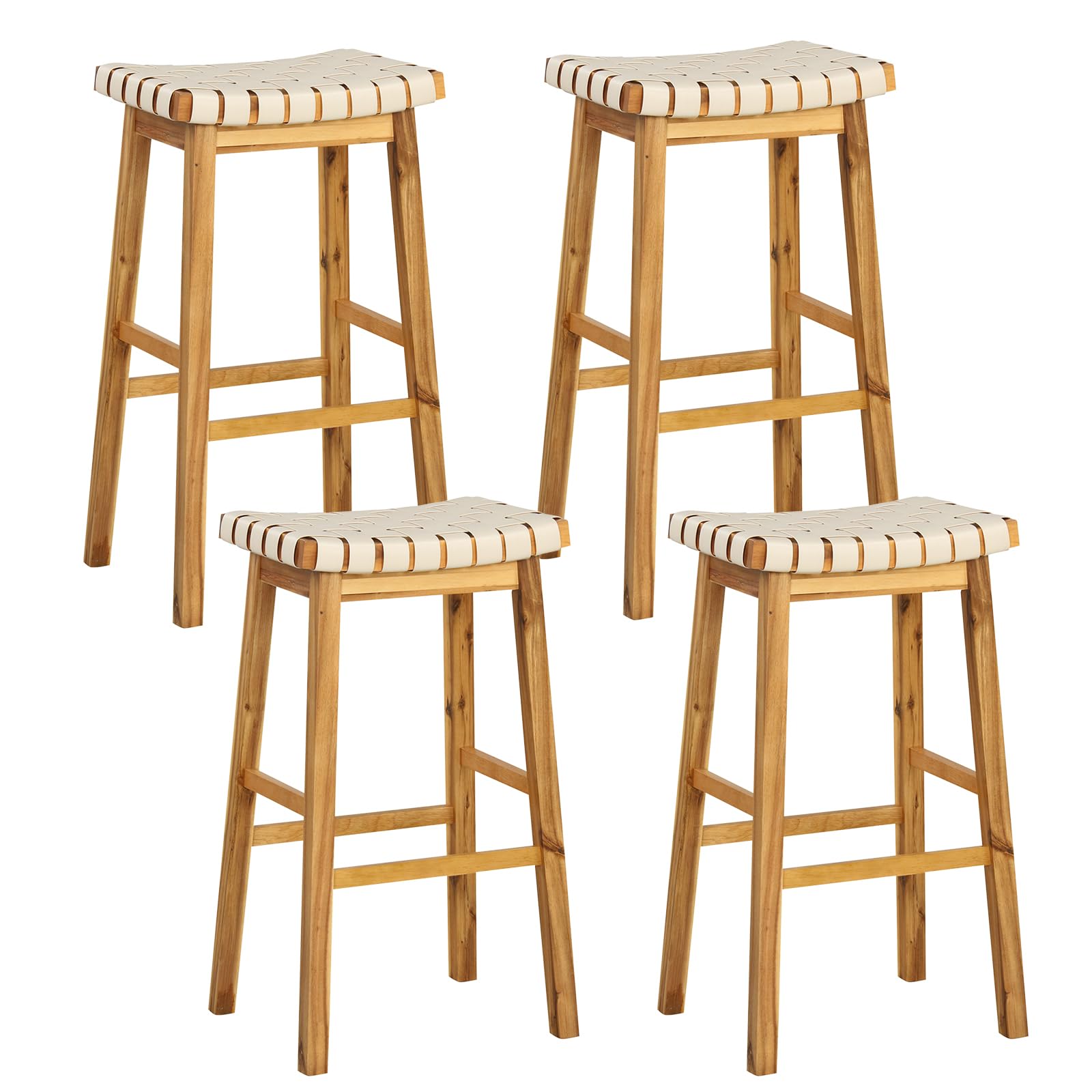 Giantex 25.5/31" Woven Bar Stools Set of 2/4, Faux PU Leather Counter Height Saddle Stools with Woven Curved Seat