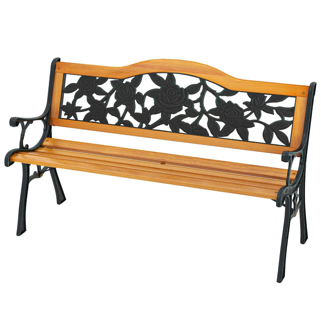 Giantex Outdoor Bench, Garden Bench with Slatted Seat, Curved Armrests, Flower Pattern Backrest, 470 Lbs Capacity