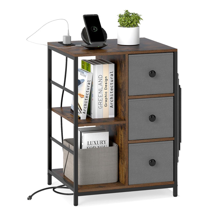 Giantex Industrial Nightstand with Charging Station - End Side Table w/3 Fabric Drawers