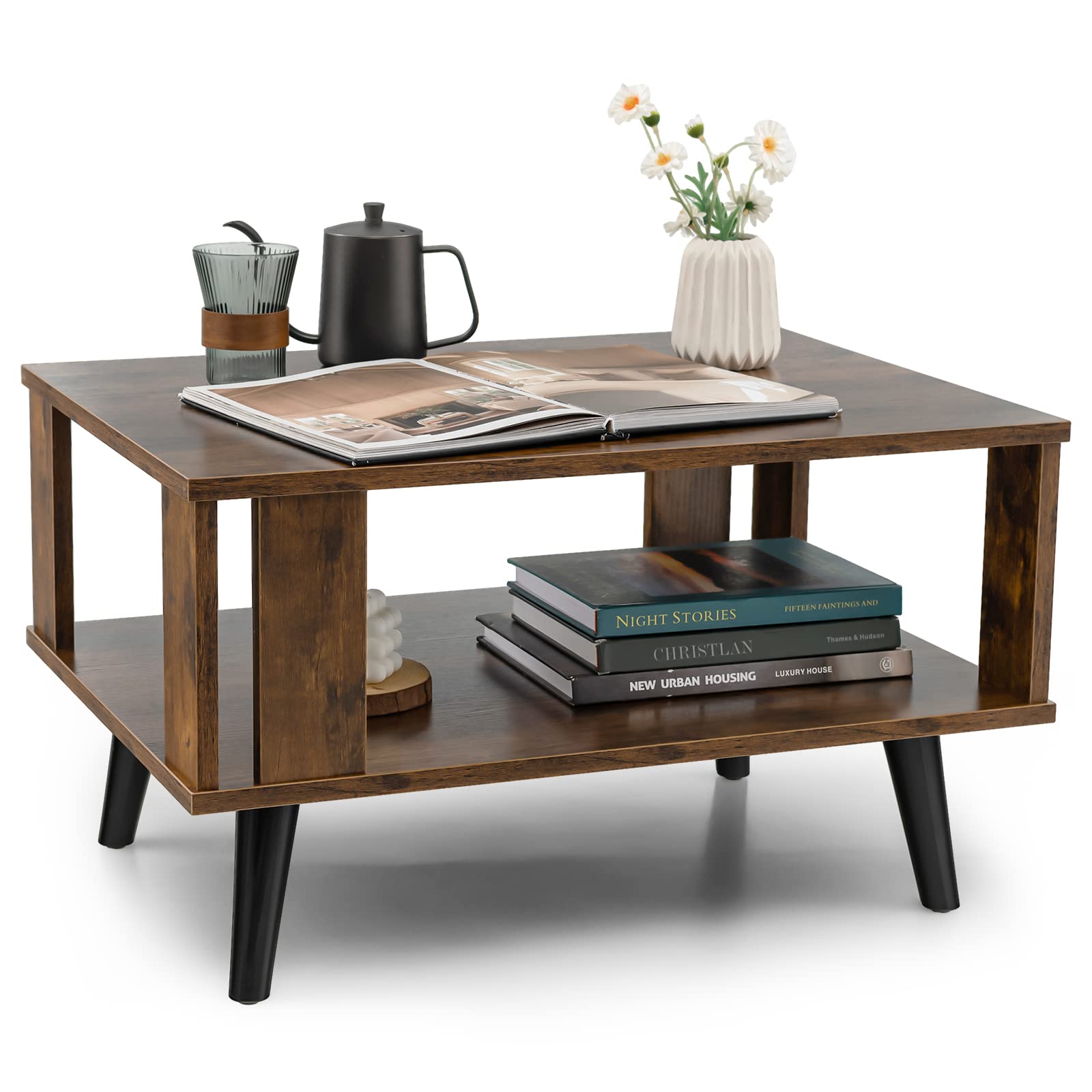 Giantex Retro Wood Coffee Table, 2-Tier Tea Table w/Open Storage Shelf & Supportive Legs