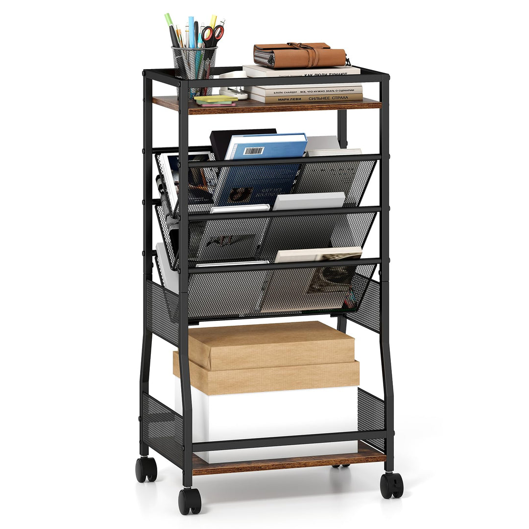 Giantex 32" H 5-Tier Rolling File Cart with Sloped Mesh Magazine Racks (1/2)
