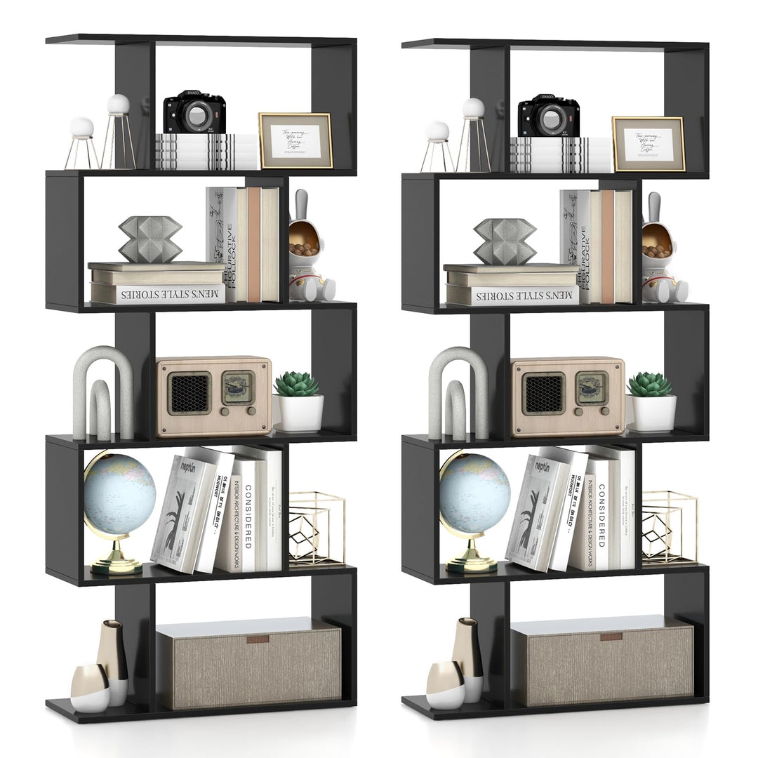 Giantex 5-Tier Geometric Bookshelf, 62.5" Tall Wood S-Shaped Bookcase with Anti-Tipping Device