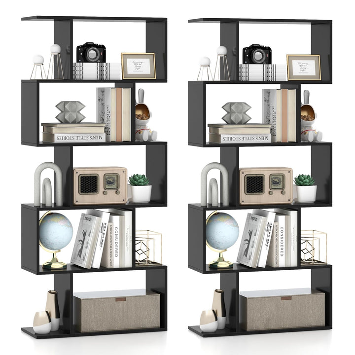 Giantex 5-Tier Geometric Bookshelf, 62.5" Tall Wood S-Shaped Bookcase with Anti-Tipping Device