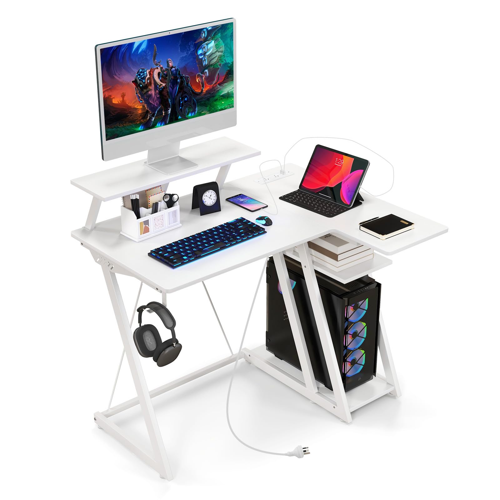 Giantex L Shaped Gaming Desk with Outlets & USB Ports, Small Computer Desk with Monitor Shelf