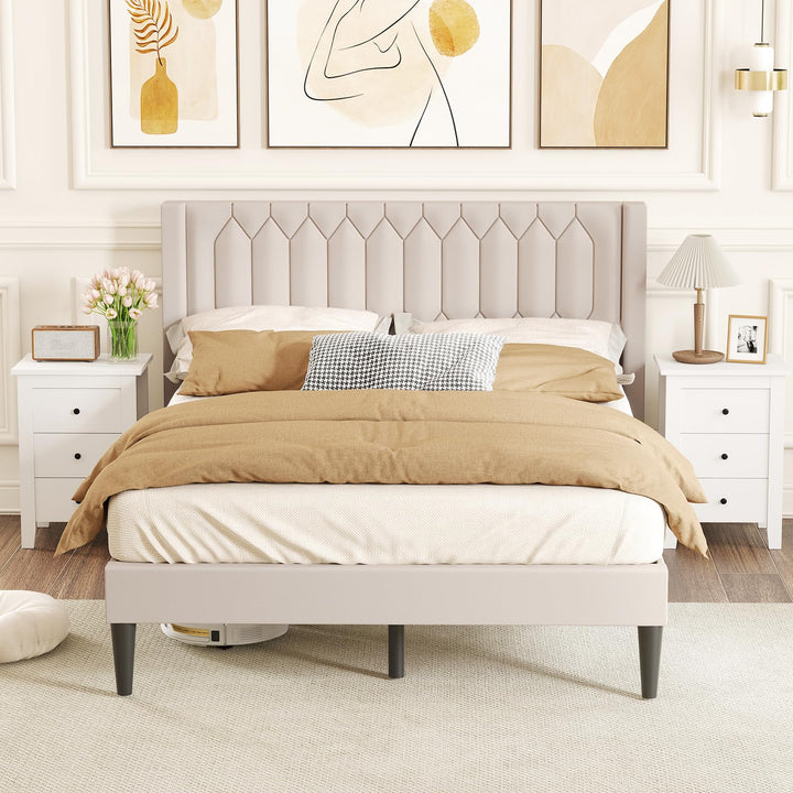 Giantex Queen Size Dutch Velvet/Linen Fabric Upholstered Platform Bed with Wingback Headboard and Wooden Slat Support