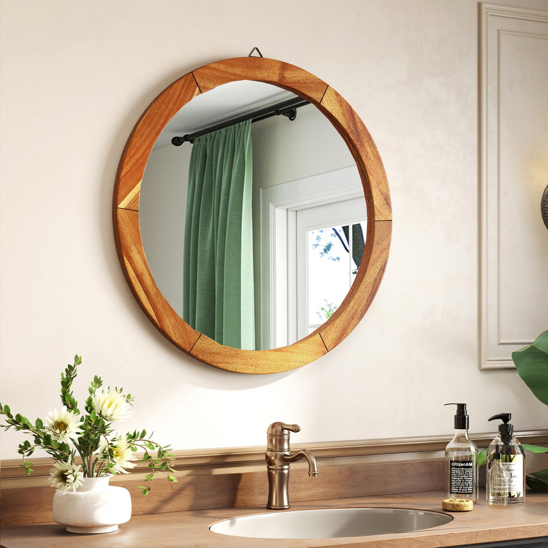 Farmhouse Wall Mirror Round Mirror with Solid Acacia Wood Frame