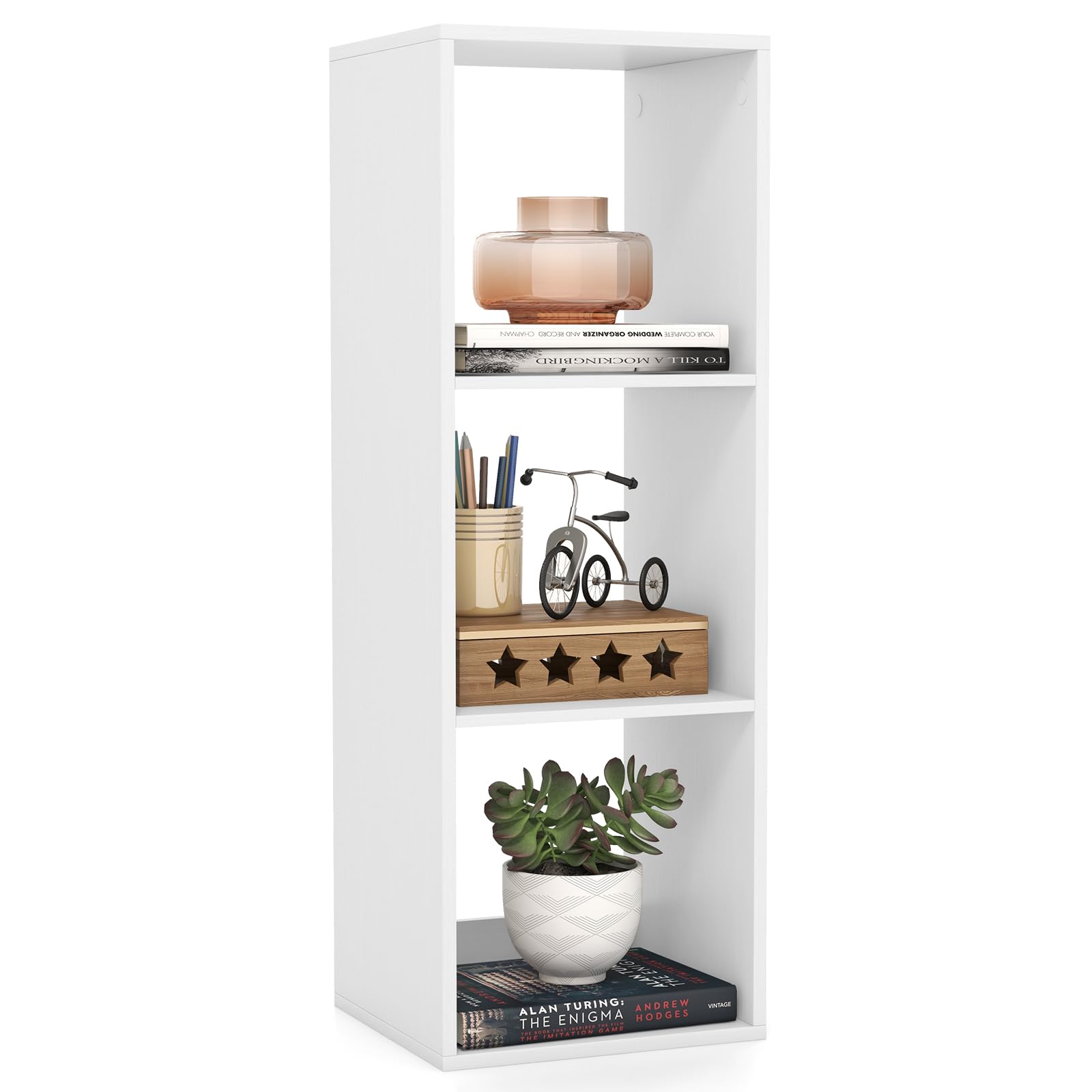 Giantex 3-Cube Bookcase, White Cubby Bookshelf w/Back Guardrail & Anti-Tipping Kits