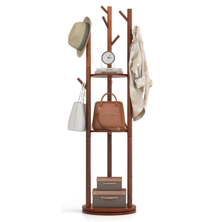 Giantex Coat Rack Freestanding, Wooden Rotary Coat Tree w/ 3 Display Storage Shelves & 9 Hooks