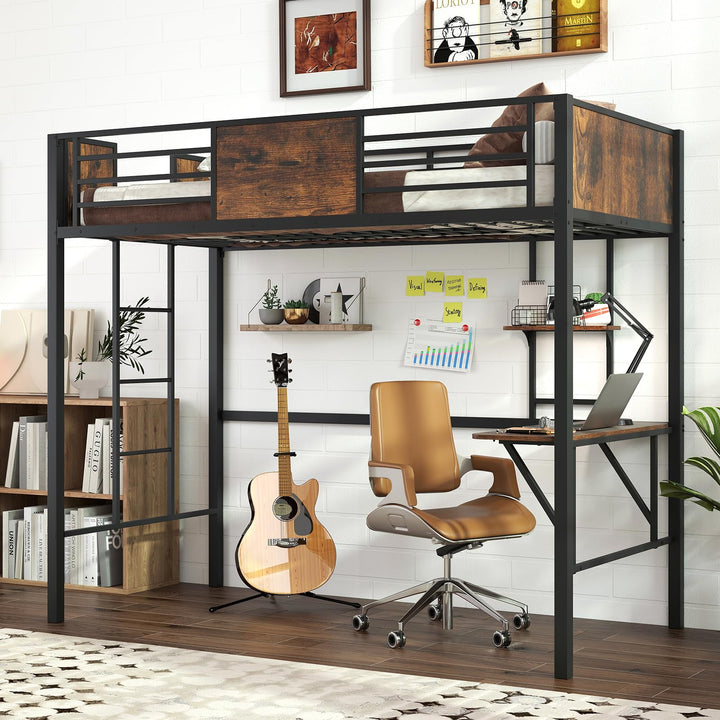 Giantex Twin Loft Bed with Desk - Heavy-Duty Metal Bed Frame w/Safety Guardrail