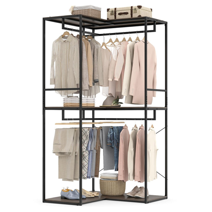 Giantex Heavy Duty Clothes Rack | 3-Tier L-Shaped Garment Rack w/3 Open Shelves &amp; 2 Hanging Racks