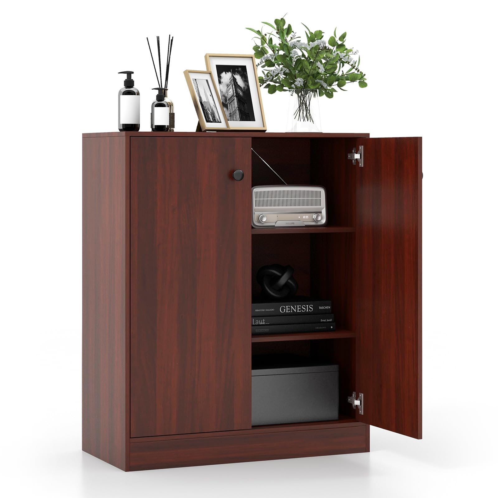Giantex 2 Door Storage Base Cabinet - Freestanding Floor Cabinet with 3-Tier Shelf