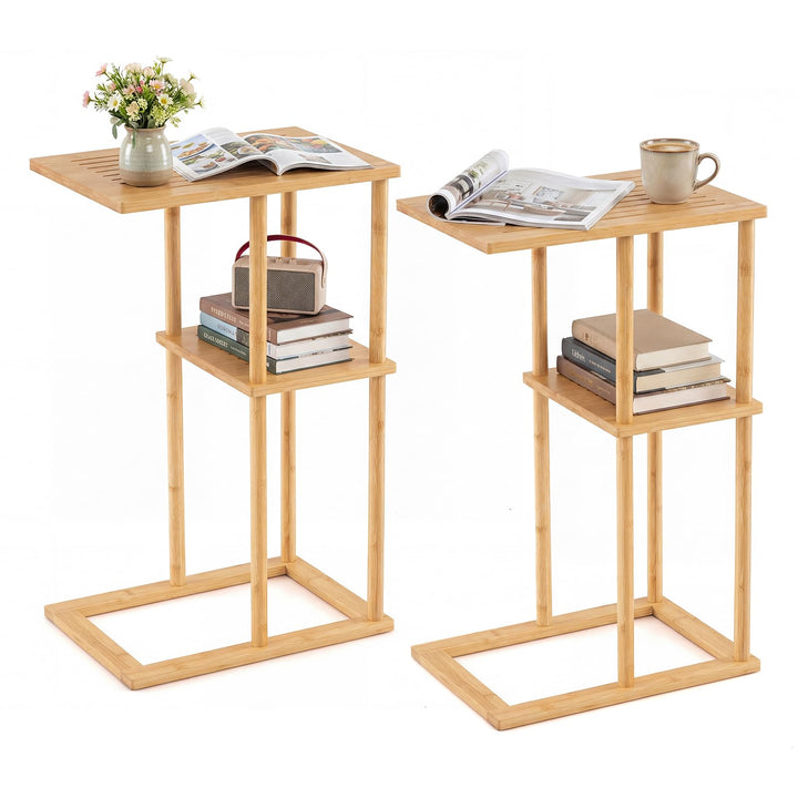 Giantex Side Table Set of 2 with Storage Shelves and Bamboo Construction