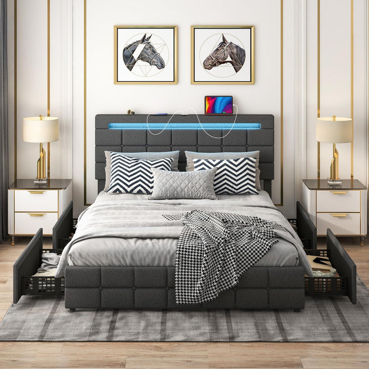 Giantex Bed Frame with LED Lights and 4 Drawers