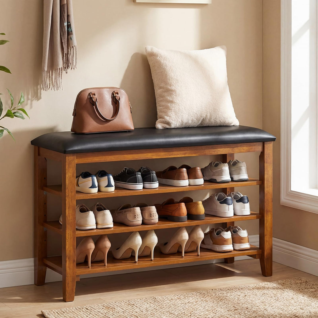 Giantex 4-Tier Shoe Rack Bench | Rubber Wood Entryway Bench with Adjustable Shelves