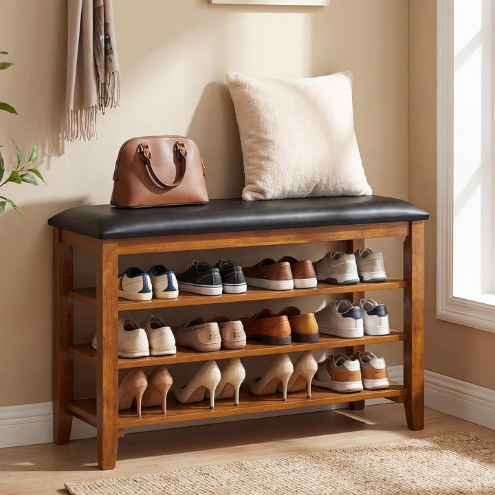 Giantex 4-Tier Shoe Rack Bench | Rubber Wood Entryway Bench with Adjustable Shelves