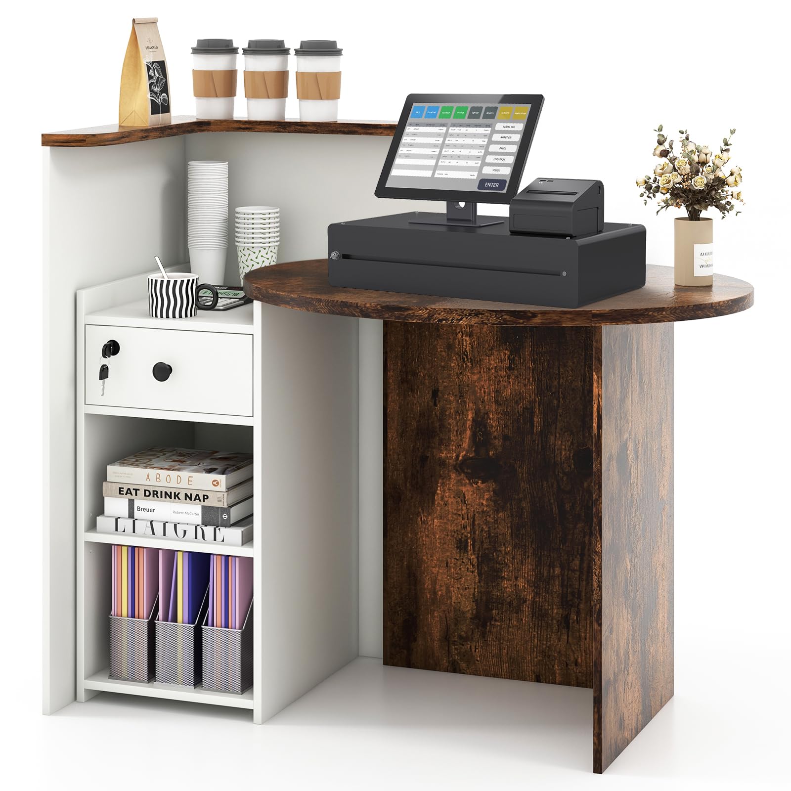 Giantex Reception Desk, Front Counter Desk with Lockable Drawer, Checkout Table with Round Tabletop